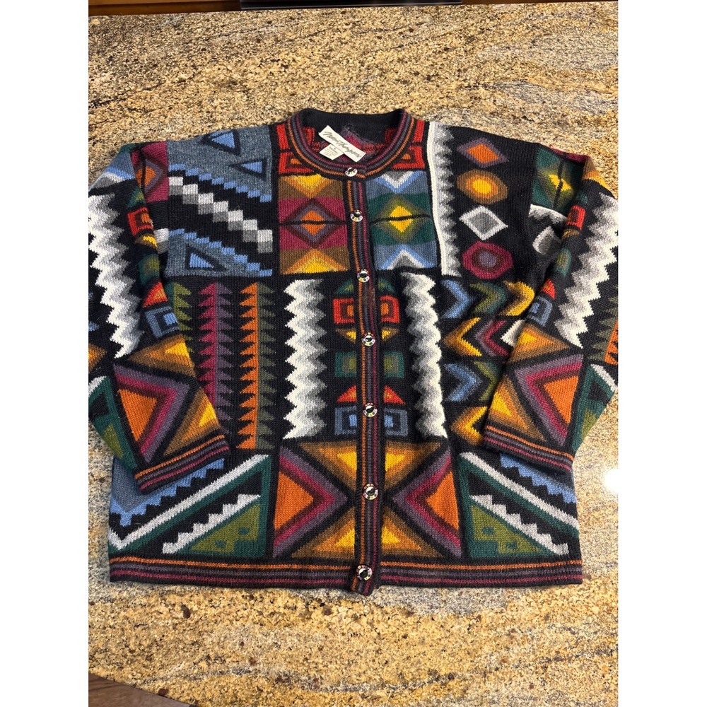 Norm Thompson Vintage Alpaca Blend Geometric Patchwork Cardigan Sweater Large
